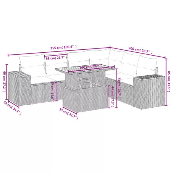 7 részes szürke polyrattan kerti ülőgarnitúra párnákkal