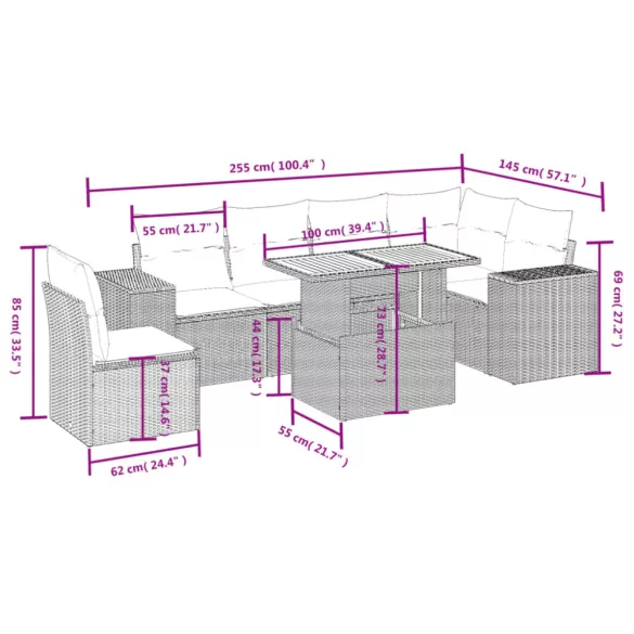 7 részes fekete polyrattan kerti ülőgarnitúra párnával