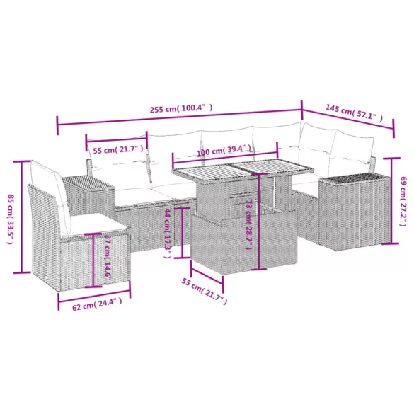 7 részes fekete polyrattan kerti ülőgarnitúra párnával