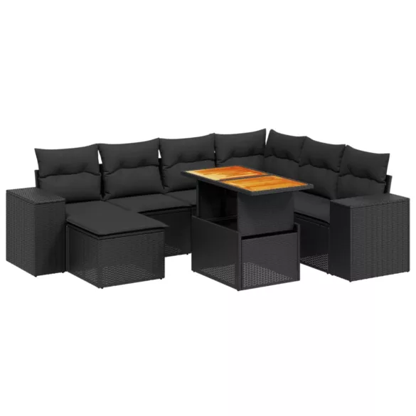 8 részes fekete polyrattan kerti ülőgarnitúra párnákkal