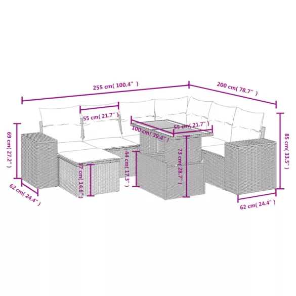 8 részes fekete polyrattan kerti ülőgarnitúra párnákkal