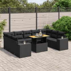   10 részes fekete polyrattan kerti ülőgarnitúra párnákkal