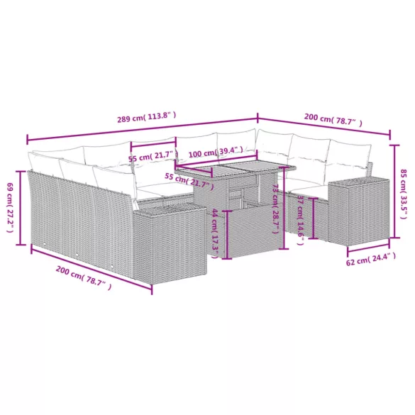 10 részes fekete polyrattan kerti ülőgarnitúra párnákkal