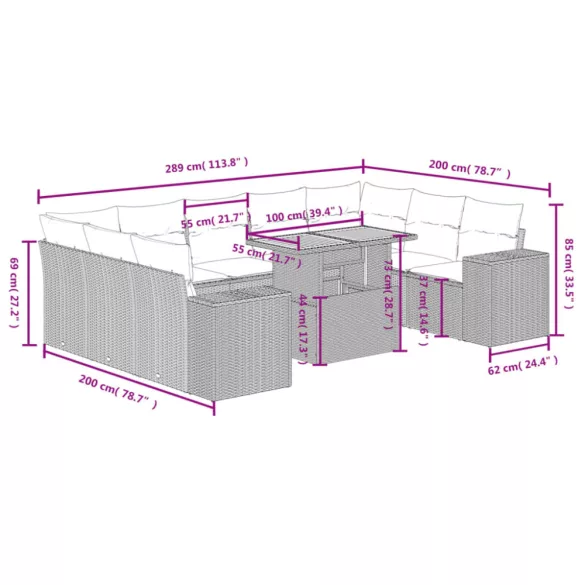 10 részes szürke polyrattan kerti ülőgarnitúra párnákkal