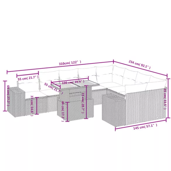 10 részes fekete polyrattan kerti ülőgarnitúra párnákkal