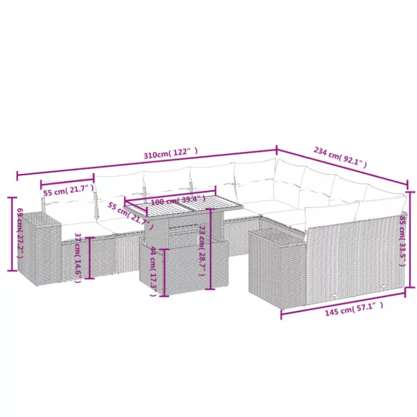10 részes szürke polyrattan kerti ülőgarnitúra párnákkal
