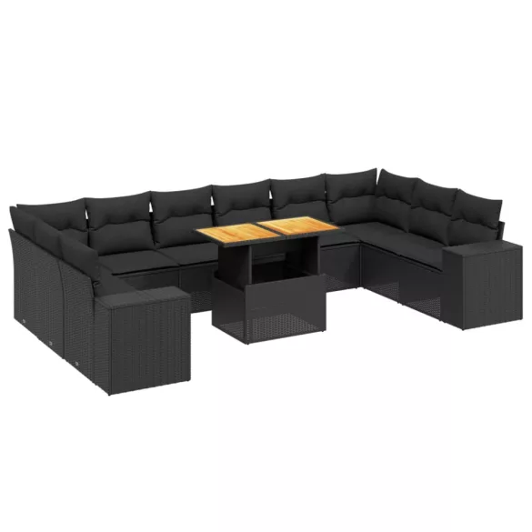 11 részes fekete polyrattan kerti ülőgarnitúra párnákkal