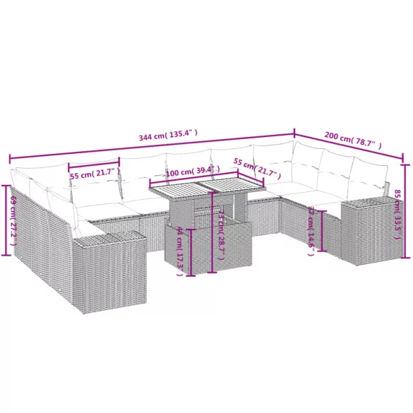11 részes fekete polyrattan kerti ülőgarnitúra párnákkal