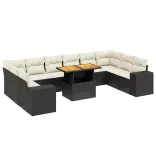 11 részes fekete polyrattan kerti ülőgarnitúra párnákkal