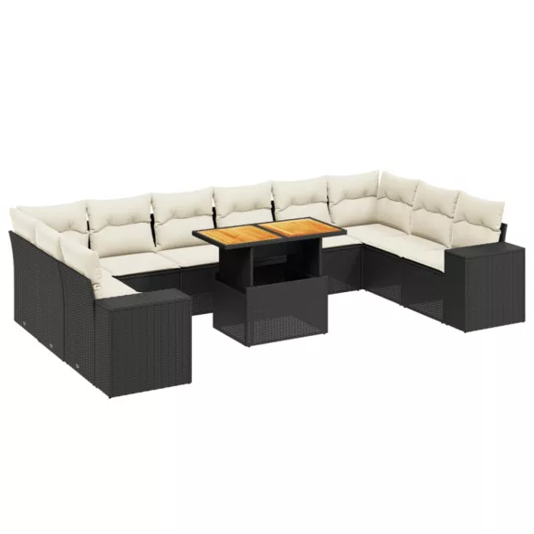 11 részes fekete polyrattan kerti ülőgarnitúra párnákkal