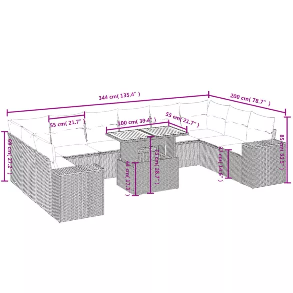 11 részes szürke polyrattan kerti ülőgarnitúra párnákkal