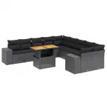 11 részes fekete polyrattan kerti ülőgarnitúra párnákkal