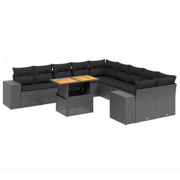 11 részes fekete polyrattan kerti ülőgarnitúra párnákkal