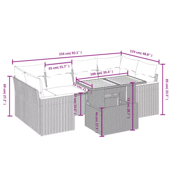 7 részes bézs polyrattan kerti ülőgarnitúra párnákkal