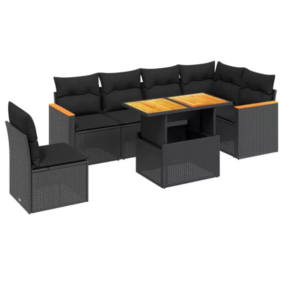 7 részes fekete polyrattan kerti ülőgarnitúra párnával