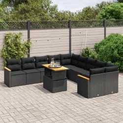   11 részes fekete polyrattan kerti ülőgarnitúra párnákkal