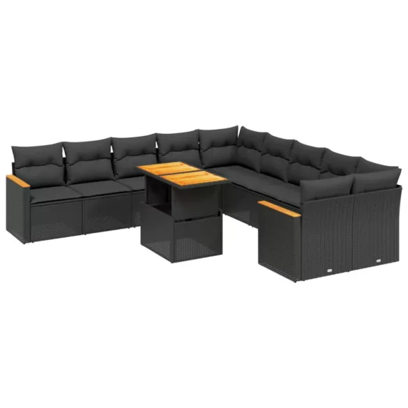 11 részes fekete polyrattan kerti ülőgarnitúra párnákkal