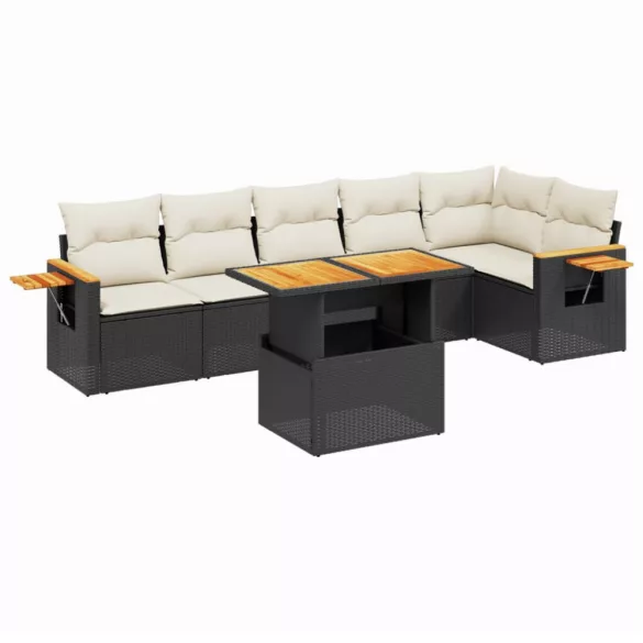 7 részes fekete polyrattan kerti ülőgarnitúra párnával