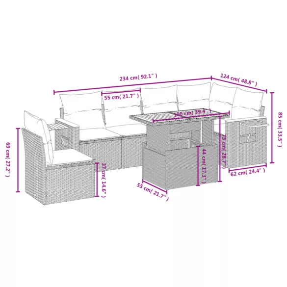 7 részes szürke polyrattan kerti ülőgarnitúra párnákkal