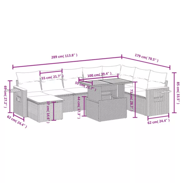 8 részes szürke polyrattan kerti ülőgarnitúra párnákkal
