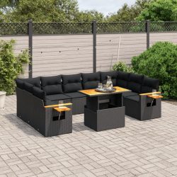   10 részes fekete polyrattan kerti ülőgarnitúra párnákkal