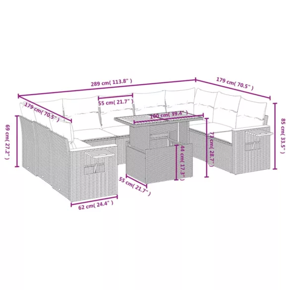 10 részes fekete polyrattan kerti ülőgarnitúra párnákkal