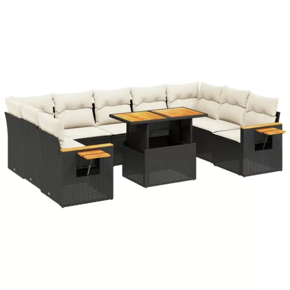 10 részes fekete polyrattan kerti ülőgarnitúra párnákkal