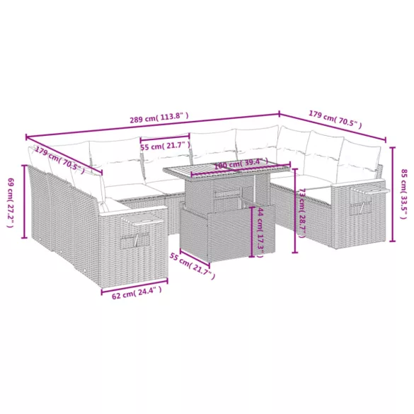 10 részes szürke polyrattan kerti ülőgarnitúra párnákkal