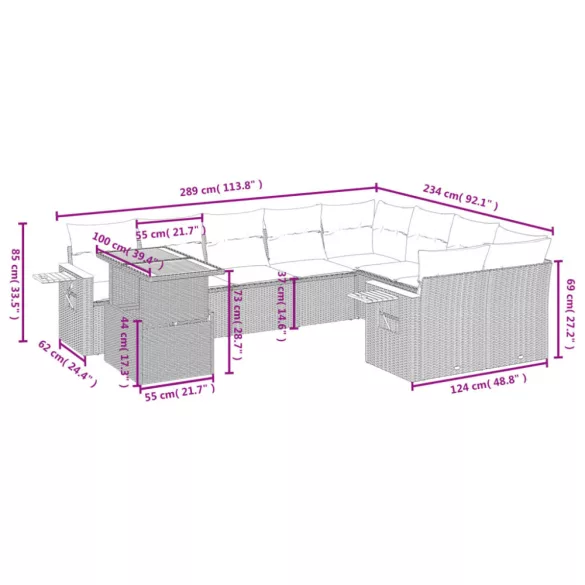 10 részes szürke polyrattan kerti ülőgarnitúra párnákkal