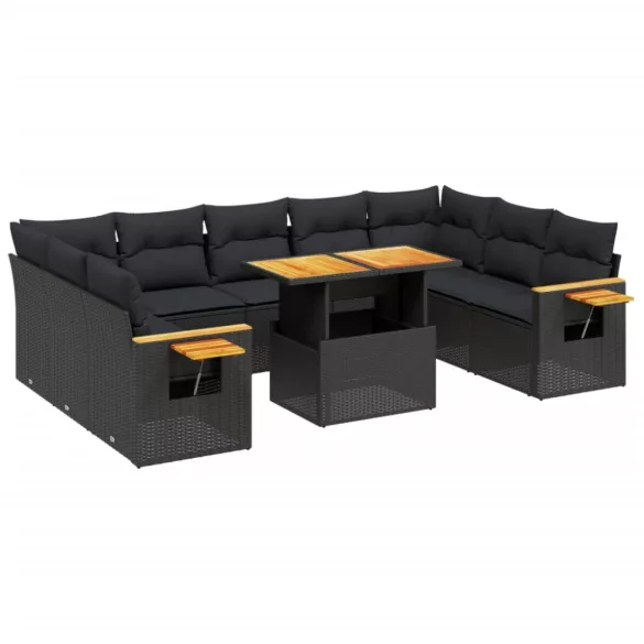 11 részes fekete polyrattan kerti ülőgarnitúra párnákkal