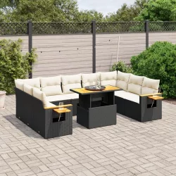   11 részes fekete polyrattan kerti ülőgarnitúra párnákkal
