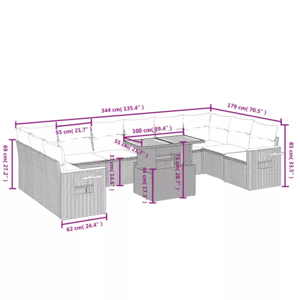 11 részes szürke polyrattan kerti ülőgarnitúra párnákkal