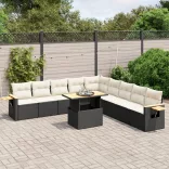 11 részes fekete polyrattan kerti ülőgarnitúra párnákkal