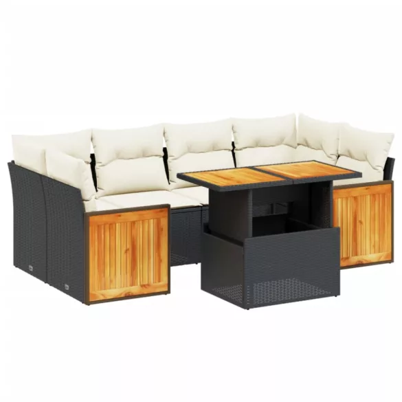 7 részes fekete polyrattan kerti ülőgarnitúra párnával