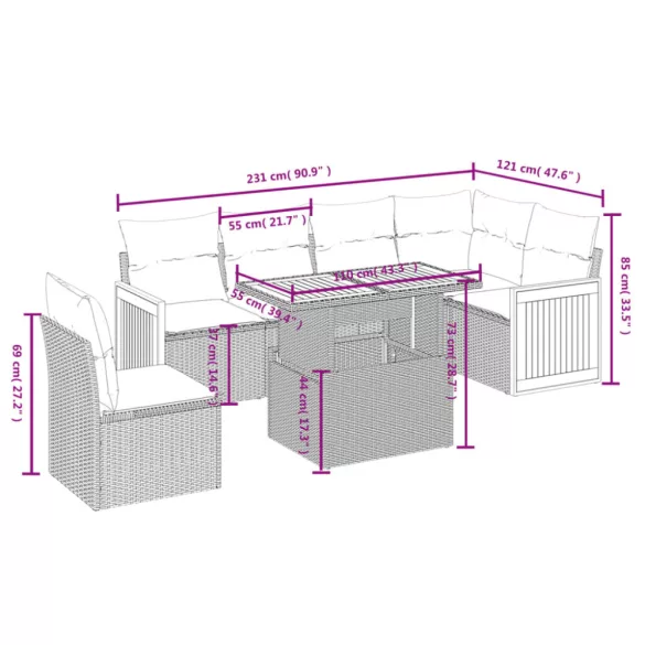 7 részes fekete polyrattan kerti ülőgarnitúra párnával
