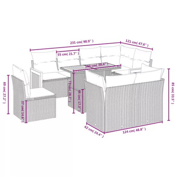 9 részes fekete polyrattan kerti ülőgarnitúra párnákkal