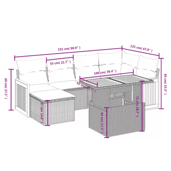 7 részes fekete polyrattan kerti ülőgarnitúra párnával