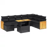 9 részes fekete polyrattan kerti ülőgarnitúra párnákkal