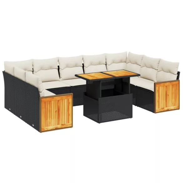 10 részes fekete polyrattan kerti ülőgarnitúra párnákkal