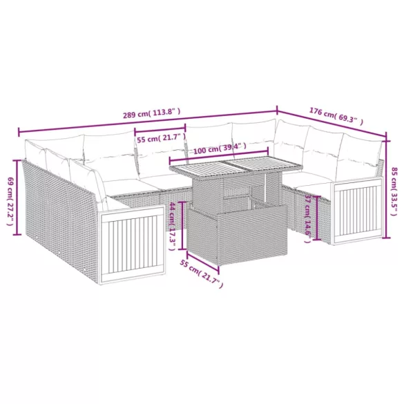 10 részes szürke polyrattan kerti ülőgarnitúra párnákkal