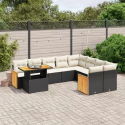   10 részes fekete polyrattan kerti ülőgarnitúra párnákkal