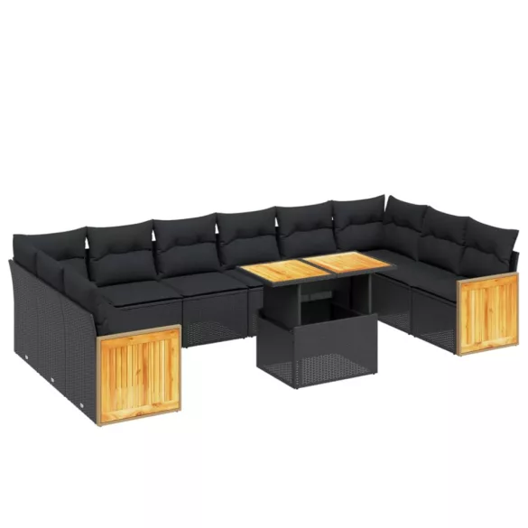 11 részes fekete polyrattan kerti ülőgarnitúra párnákkal