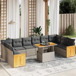   11 részes szürke polyrattan kerti ülőgarnitúra párnákkal