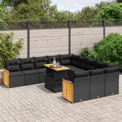   11 részes fekete polyrattan kerti ülőgarnitúra párnákkal