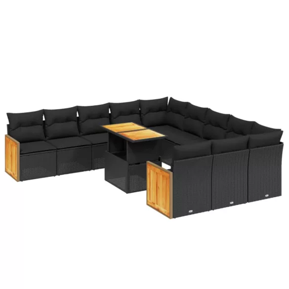 11 részes fekete polyrattan kerti ülőgarnitúra párnákkal