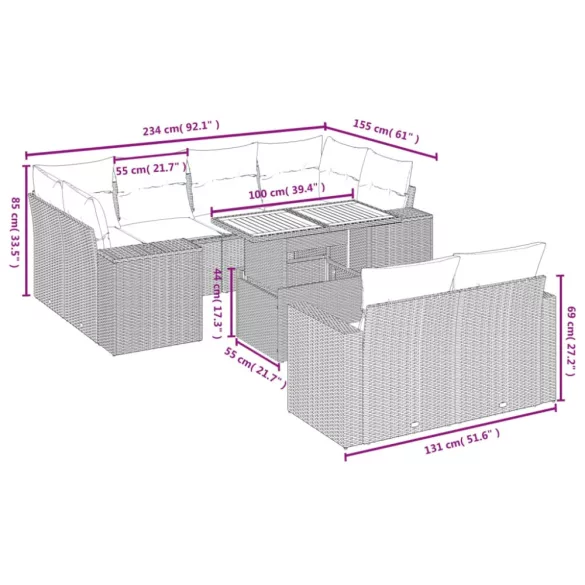 11 részes szürke polyrattan kerti ülőgarnitúra párnákkal