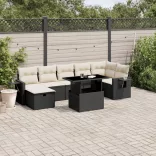 8 részes fekete polyrattan kerti ülőgarnitúra párnákkal