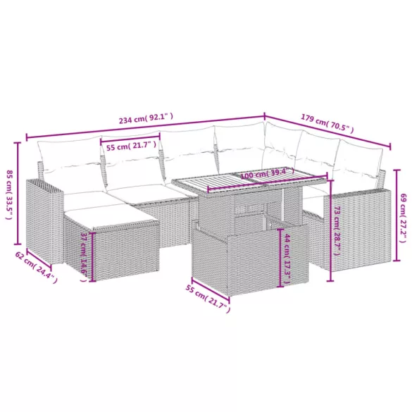 8 részes fekete polyrattan kerti ülőgarnitúra párnákkal