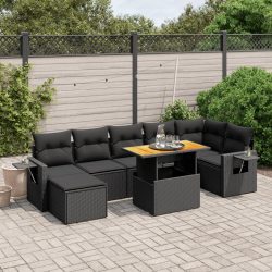   8 részes fekete polyrattan kerti ülőgarnitúra párnákkal