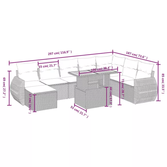 9 részes bézs polyrattan kerti ülőgarnitúra párnákkal